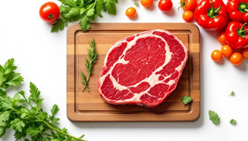 Een rauwe flap steak met verse kruiden en groenten op een snijplank.