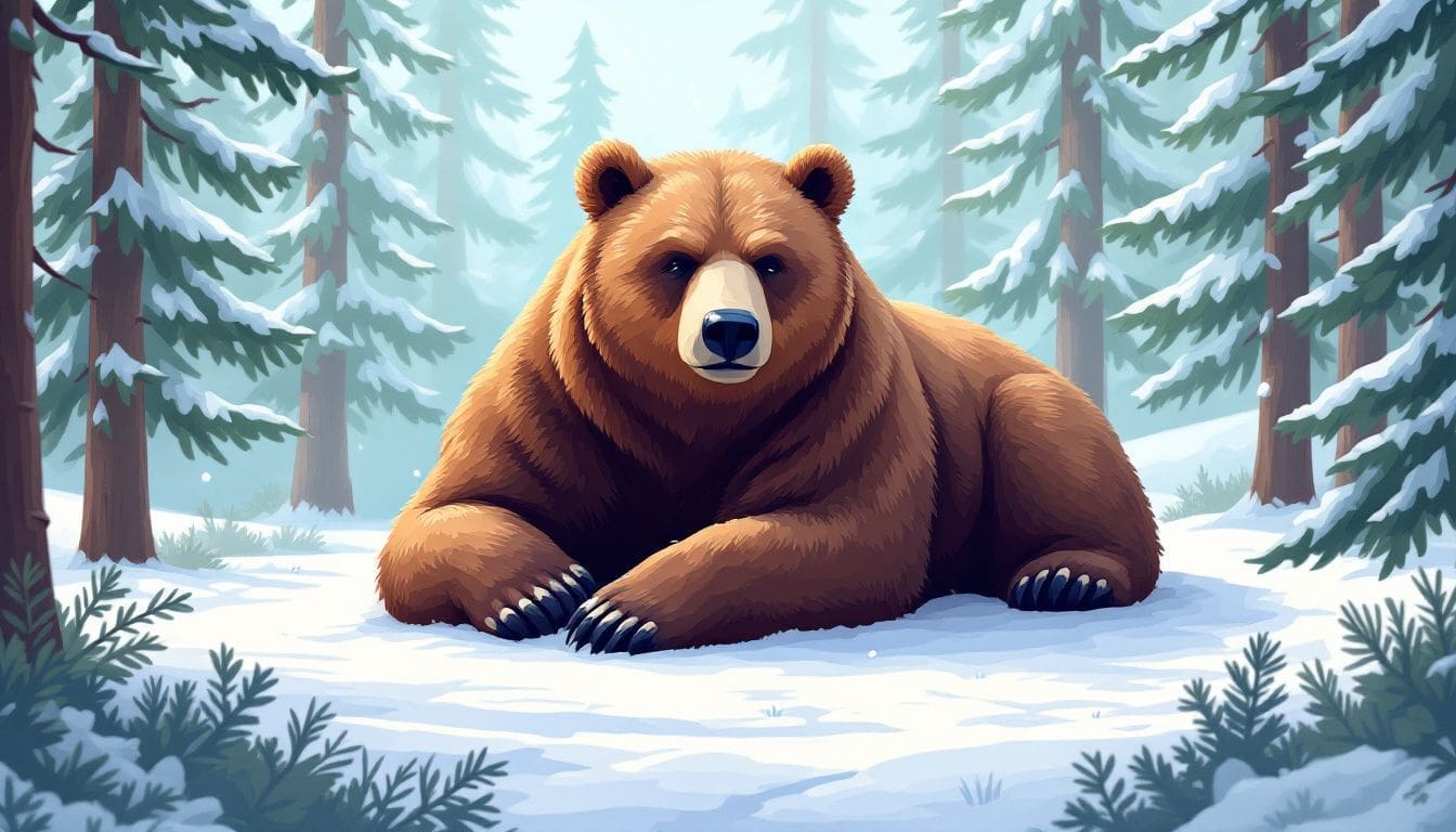 Een grote bruine beer rust in een besneeuwd bos.