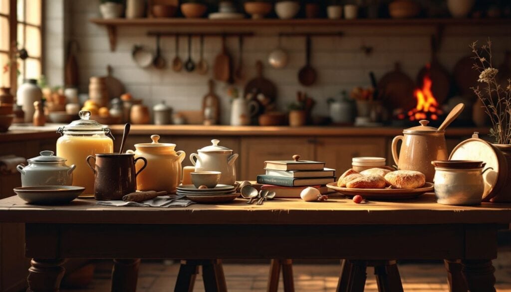 Een traditionele boerderijkeuken met houten tafel, kookgerei en receptenboeken.