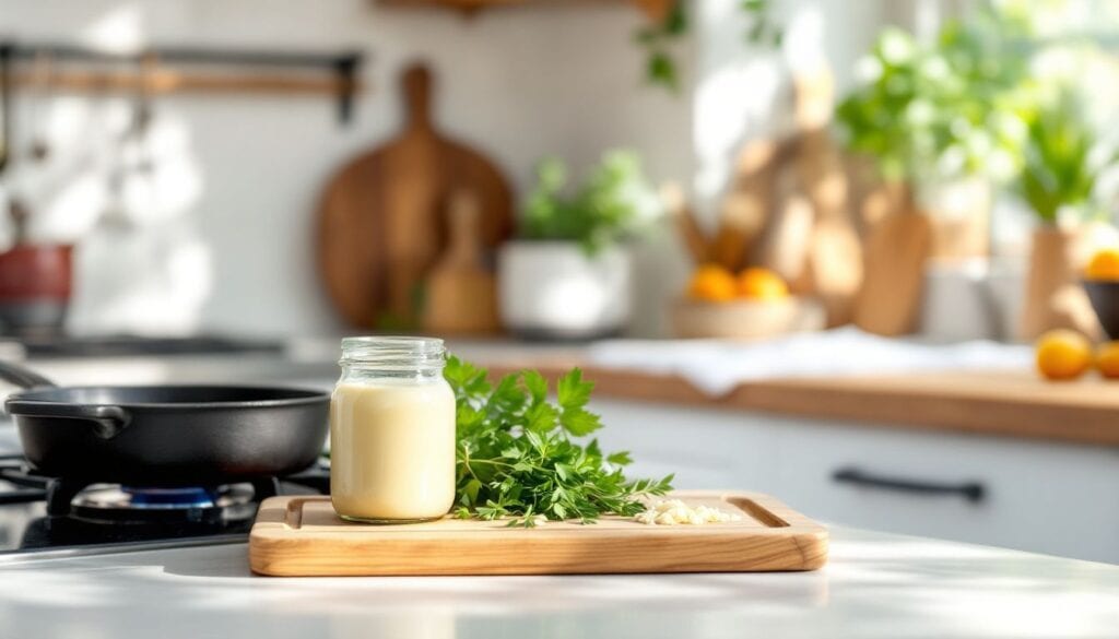 Een landelijke keuken met eendenvet, kruiden en een koekenpan.