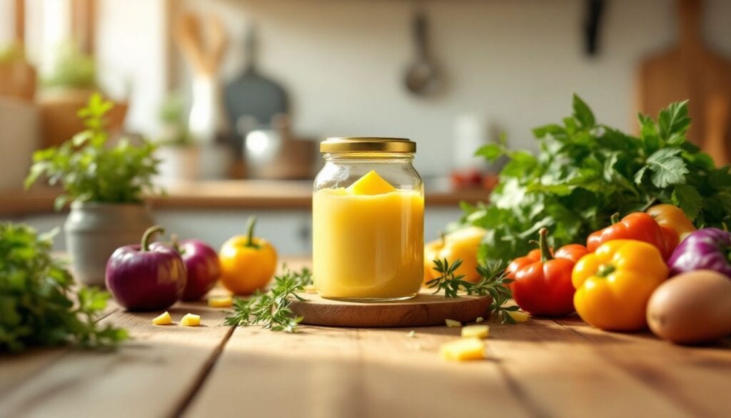 Een eenvoudige keukentafel met verse groenten en kruiden.