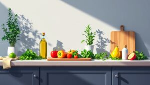 Een open keuken met verse kruiden, groenten en olijfolie.