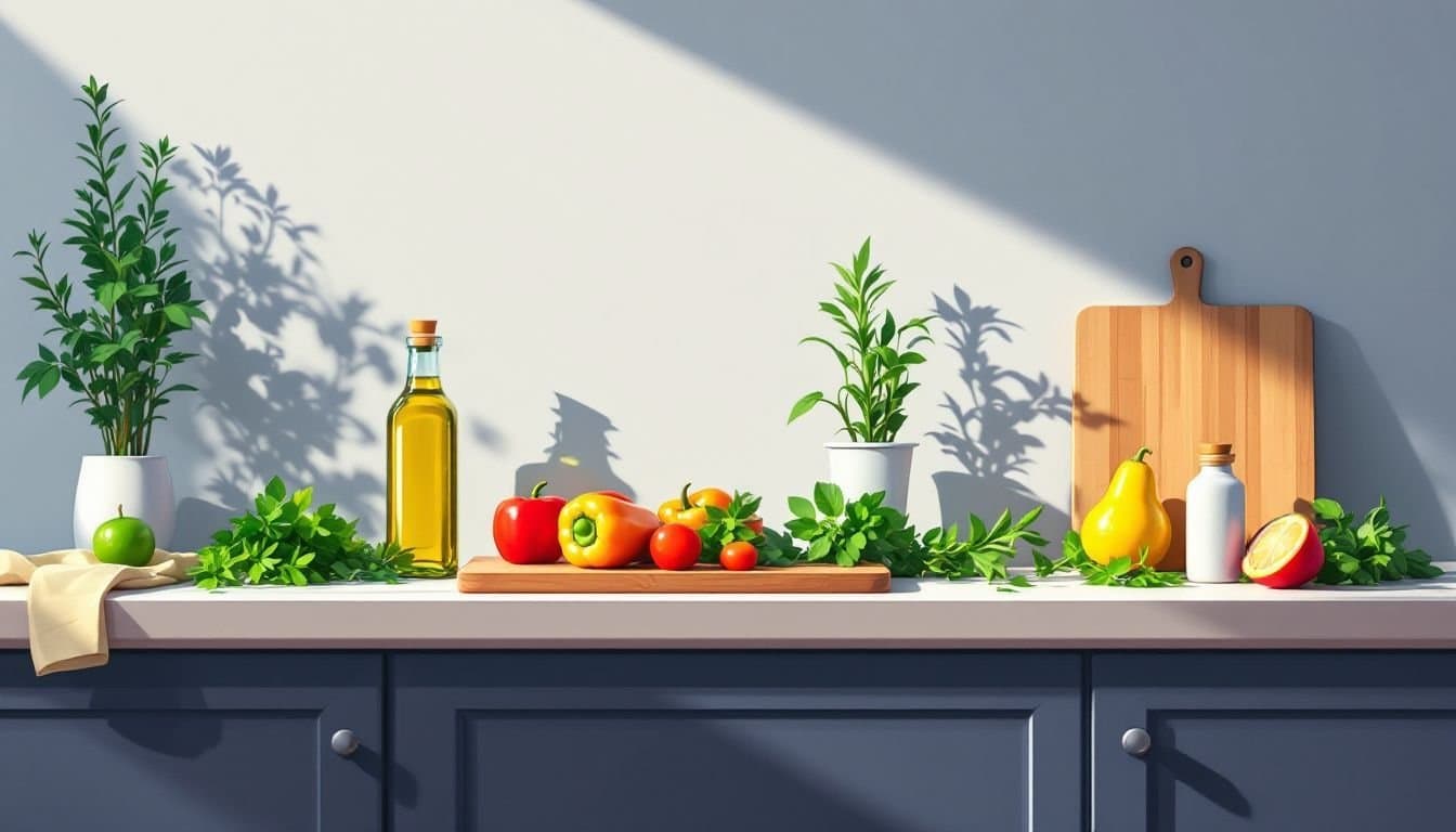 Een open keuken met verse kruiden, groenten en olijfolie.