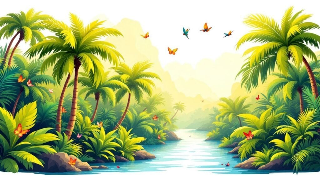 Een weelderig tropisch regenwoud met palmbomen, vogels en vlinders.