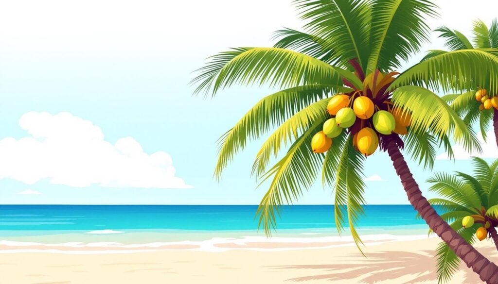 Een plat ontwerp van een tropisch landschap met een kokospalmboom.