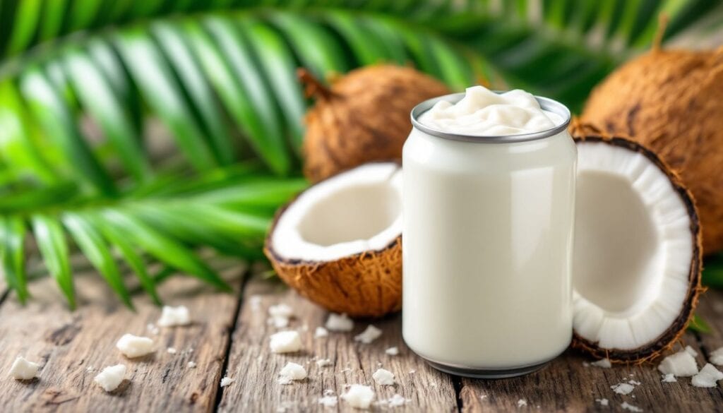 Een blikje kokosmelk omringd door verse kokosnoten op een houten tafel.