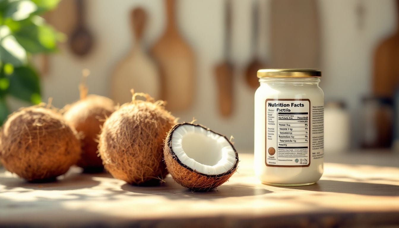 Een rustieke keuken toont kokosolie en verse kokosnoten.