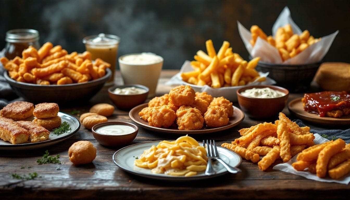 Een verscheidenheid aan voedingsmiddelen met veel ongezonde vetten op een houten tafel.