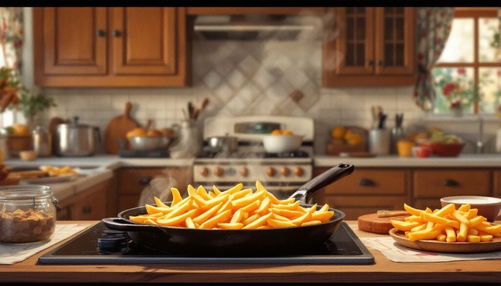 Een traditionele keuken met een gietijzeren pan vol gouden frietjes.