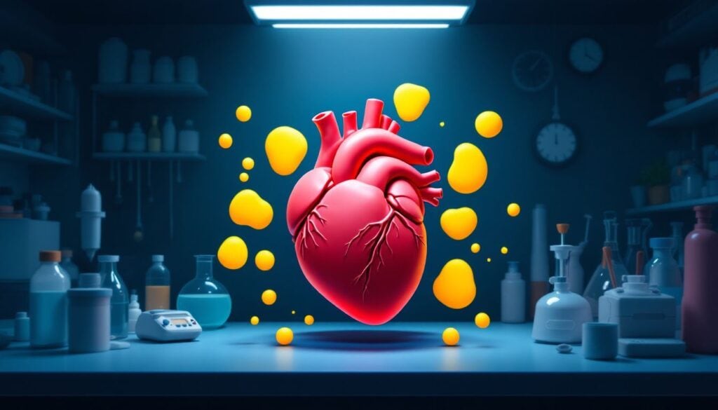 Een hartmodel omringd door pericardiale vetweefsel in een laboratoriumsetting.