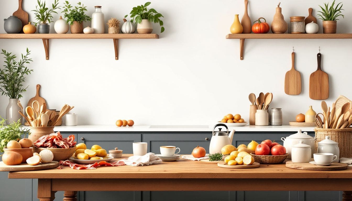 Een rustieke Amerikaanse keuken met ingrediënten voor een maaltijd.