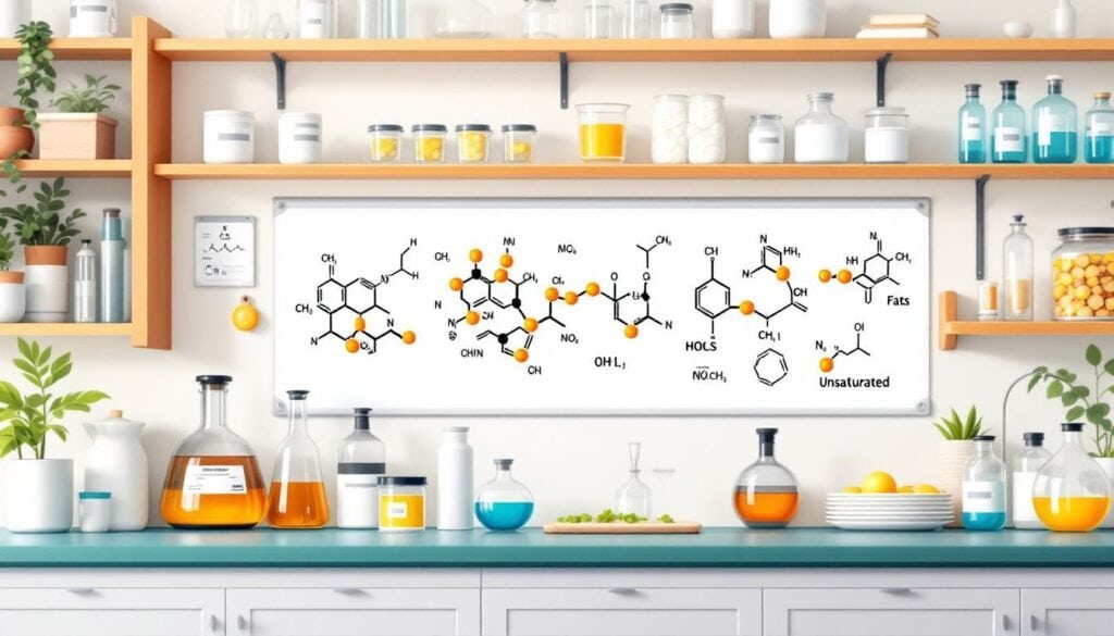 Een illustratie van de moleculaire structuren van verzadigde en onverzadigde vetten in een laboratoriumomgeving.