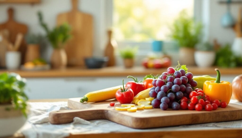 Een houten snijplank vol kleurrijke groenten en fruit in de keuken.