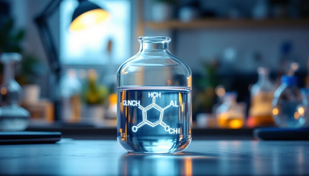 Een transparante glazen container met glycerol en vetzurenmoleculen.