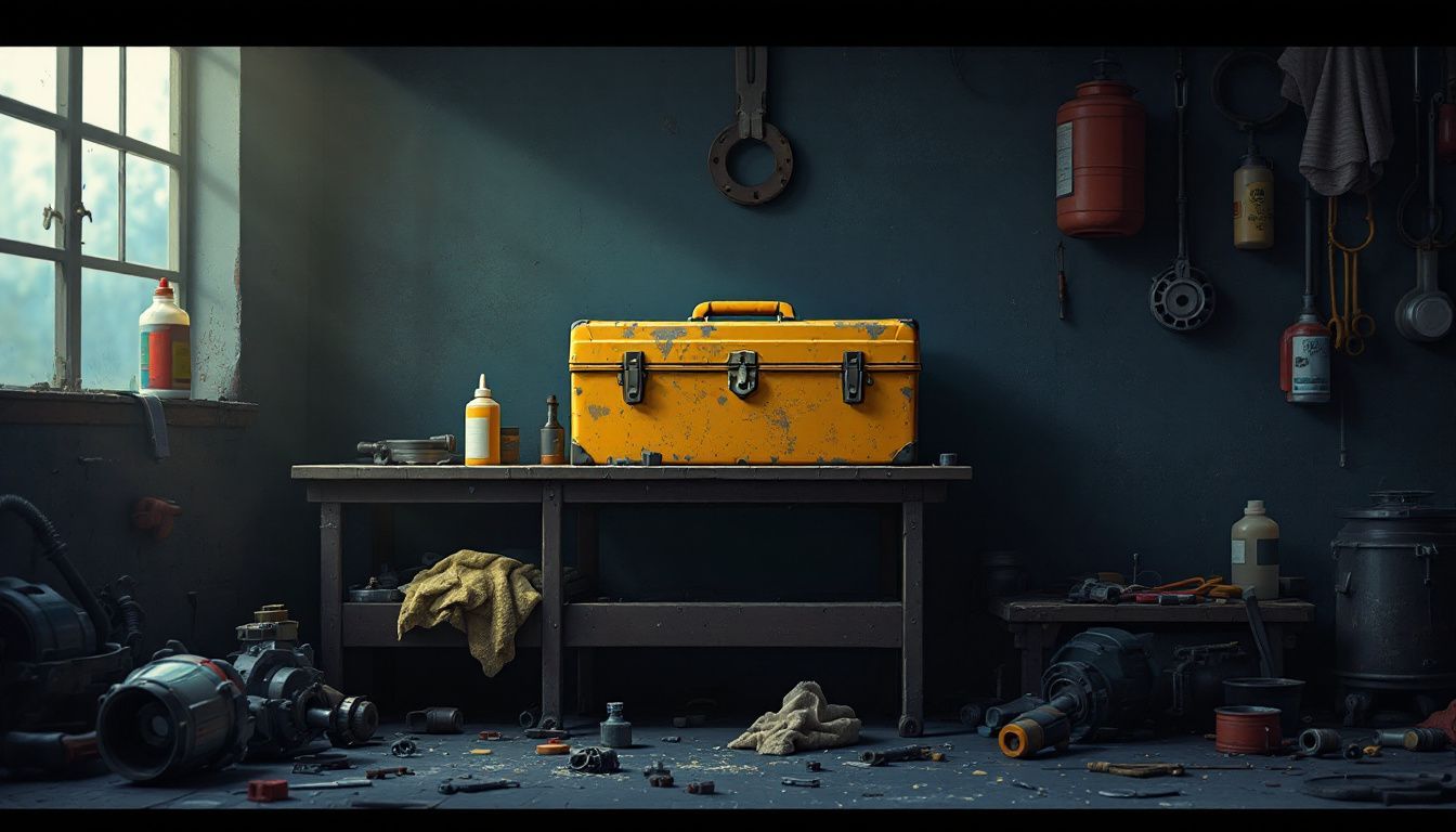 Een goed gebruikte gereedschapskist op een rommelige werkbank in een garage.