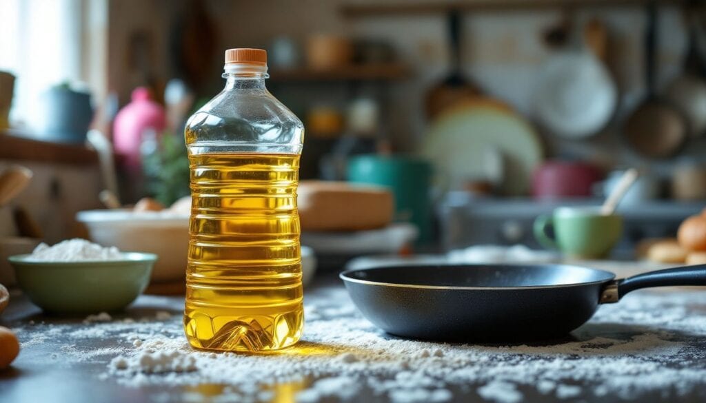 Een fles kookolie naast een pan op een rommelig aanrecht.