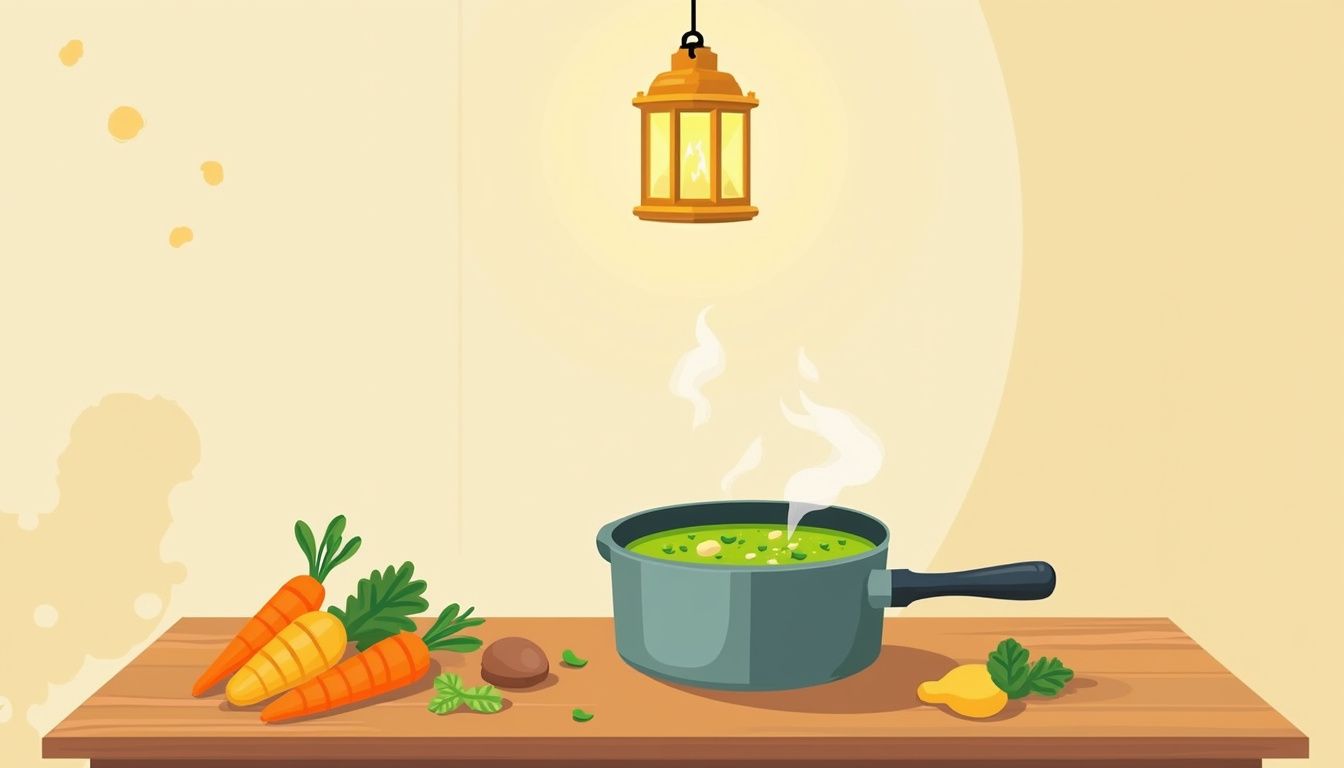 Minimalistische illustratie van een Nederlandse keuken met een stoere eettafel.