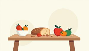 Minimalistische vectorillustratie van een rustieke keukentafel met vers fruit.