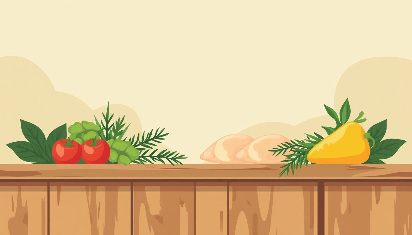 Rustieke keuken met verse kruiden en kleurrijke groenten in minimalistische stijl.