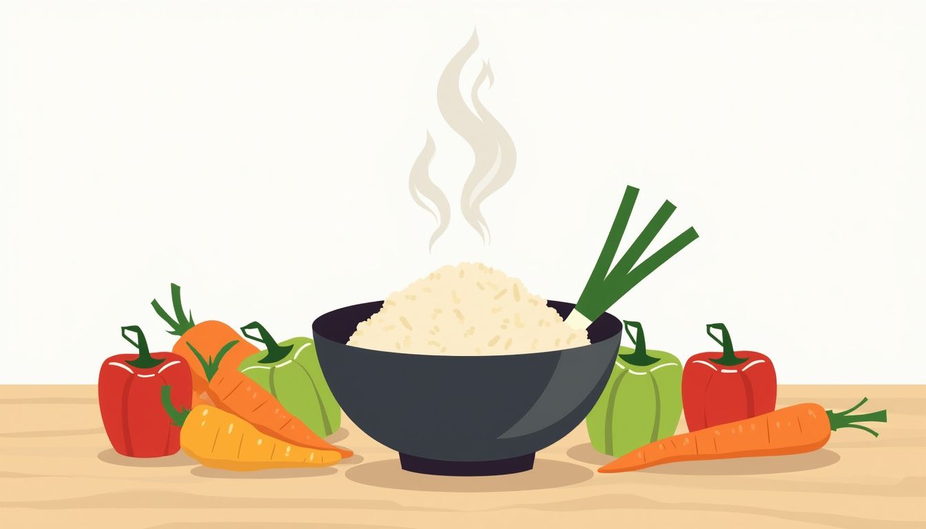 Vlaamse illustratie van verse ingrediënten rond een kom rijst.