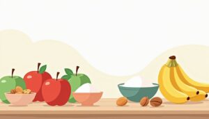 Een minimalistische illustratie van een rustieke keuken met kleurrijke voedingsmiddelen.