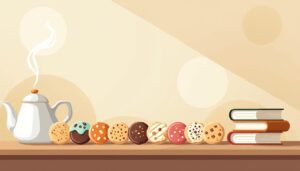 Minimalistische illustratie van een gezellige keuken met koekjes en een theepot.