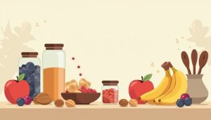 Vectorillustratie van een rustieke keuken met gezonde ingrediënten.