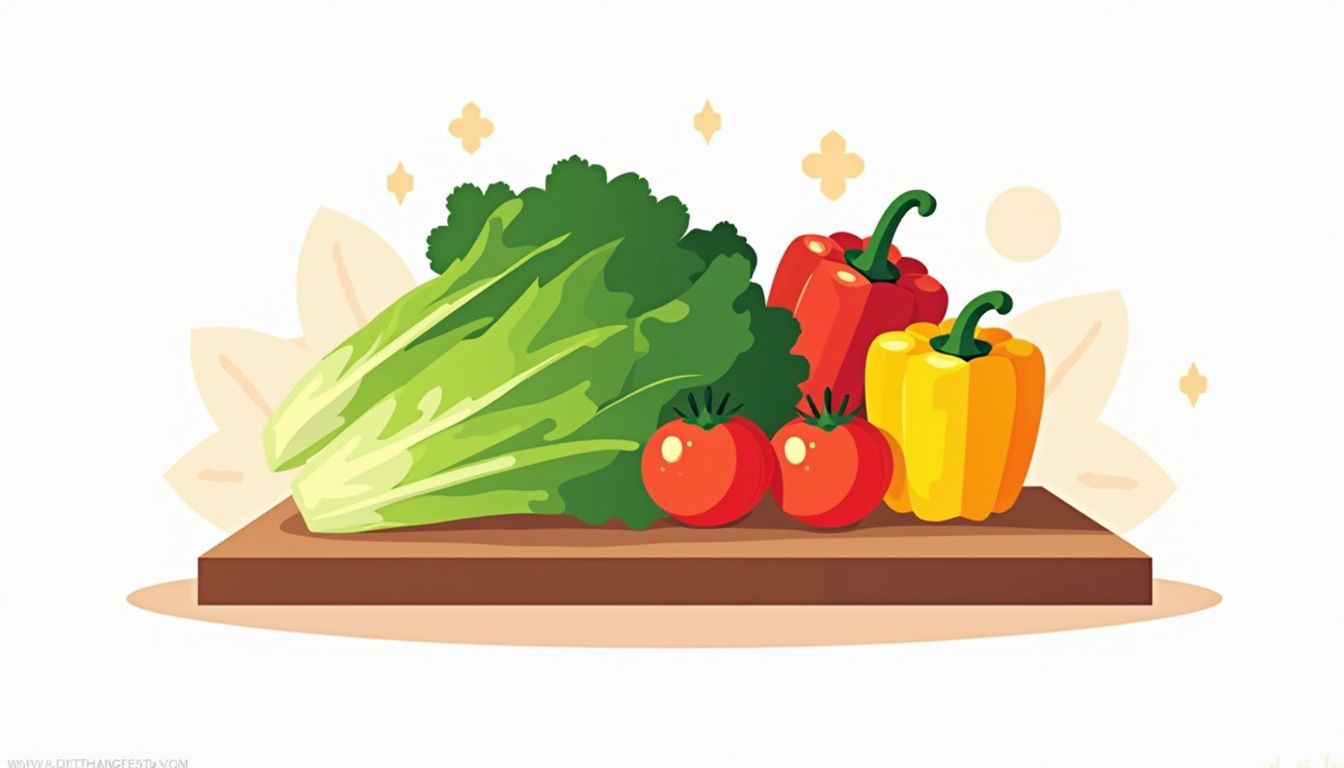 Vlakke illustratie van verse salade-ingrediënten op een snijplank.