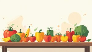 Minimalistische vectorillustratie van fruit en groenten op een houten tafel.