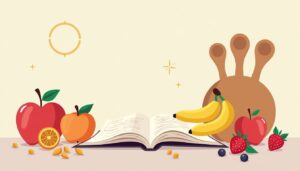 Minimalistische keukenillustratie met verse vruchten en een receptenboek.