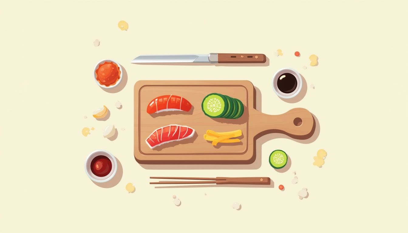Vectorillustratie van een snijplank met groenten en sushi-tools.