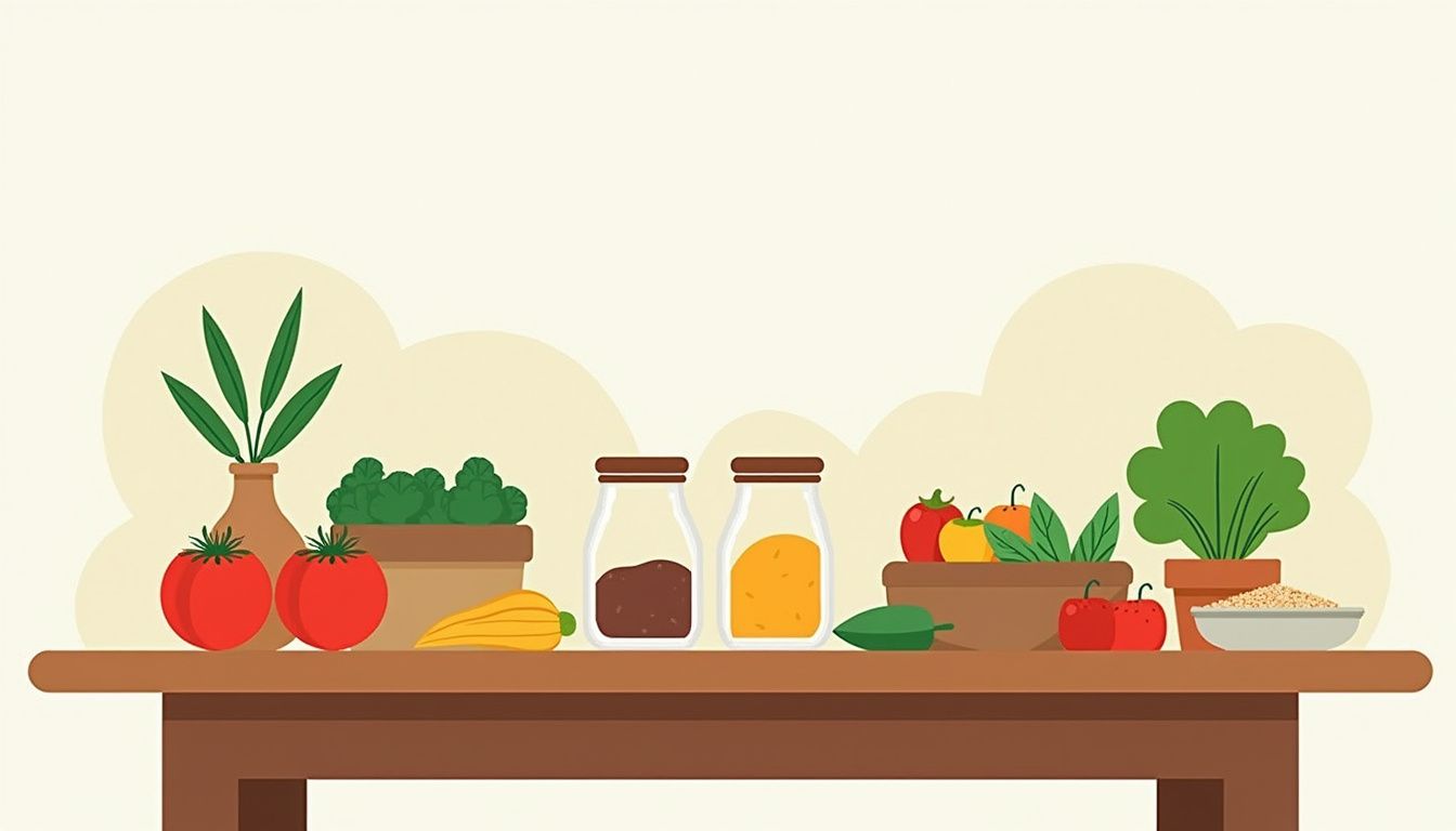 Een minimalistische vectorillustratie van een houten keukentafel met verse groenten.