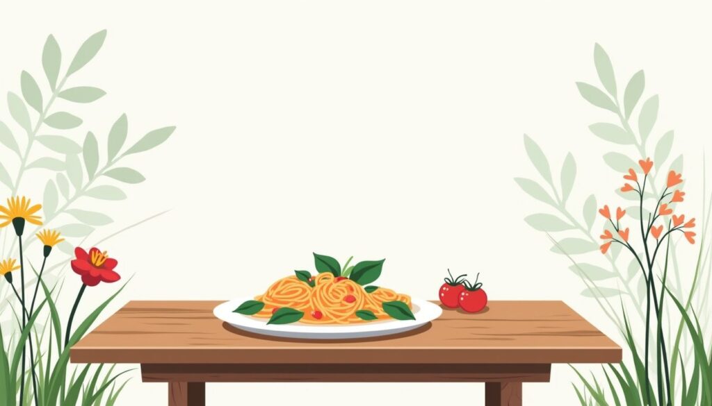Minimalistische vectorillustratie van een houten eettafel met pastagerecht.